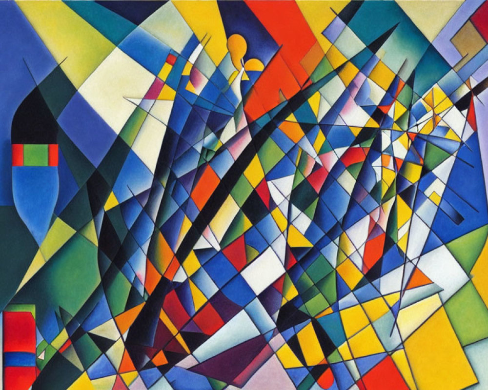Colorful Abstract Geometric Painting with Intersecting Lines and Shapes