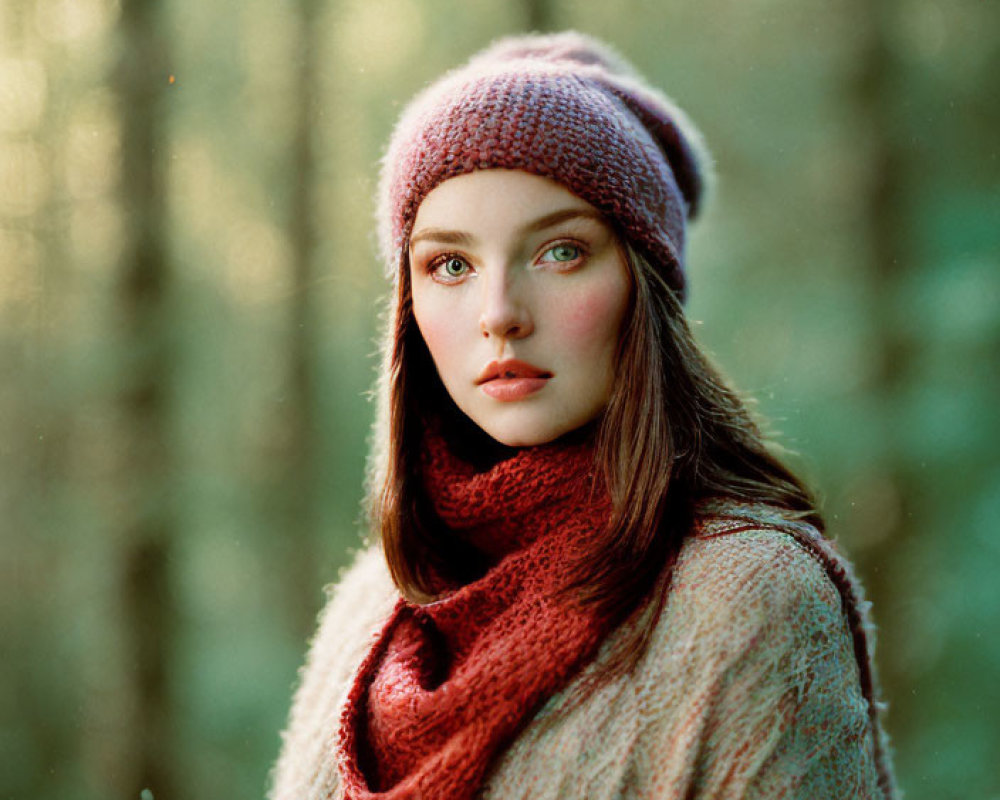 Woman in Knitted Hat and Scarf Standing in Sunlit Forest