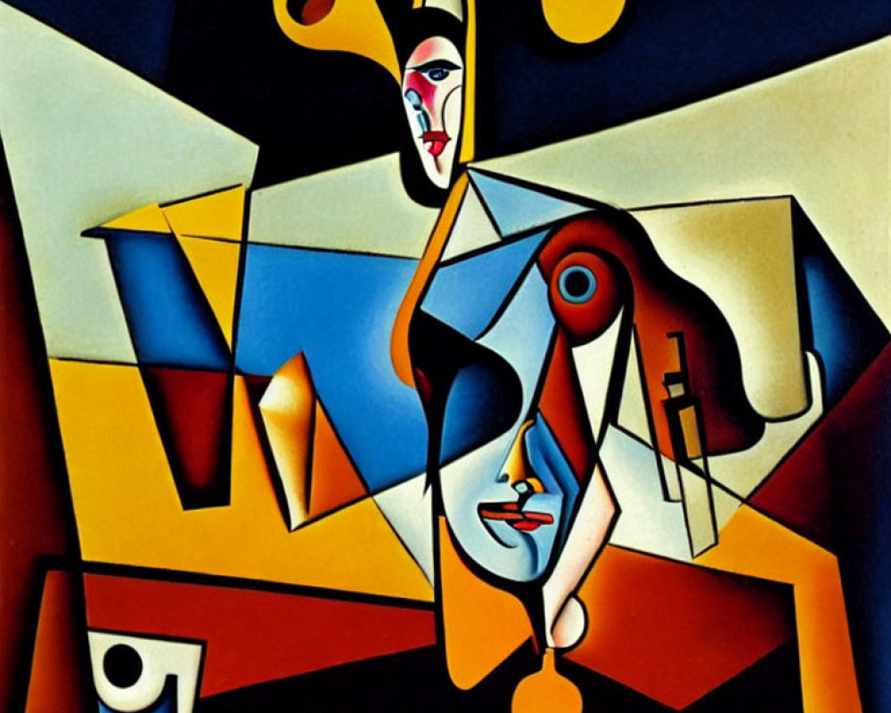 Abstract Cubist Painting: Fragmented Faces in Vivid Colors