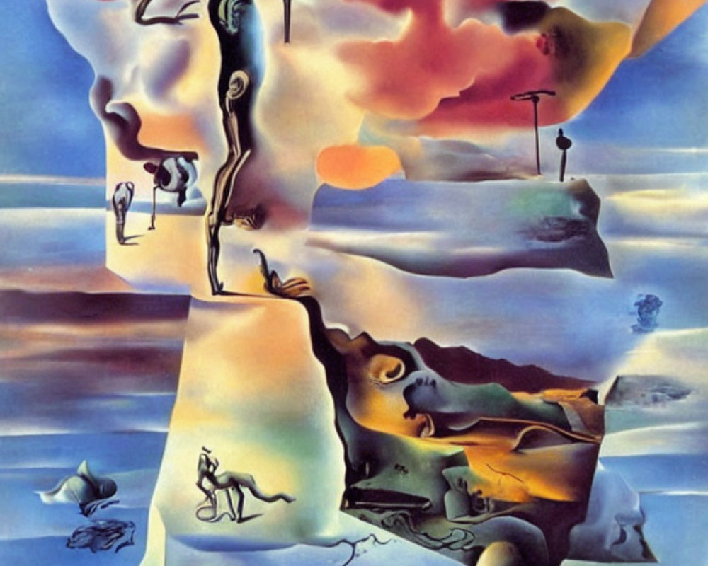 Surrealist painting with distorted figures and melting landscapes