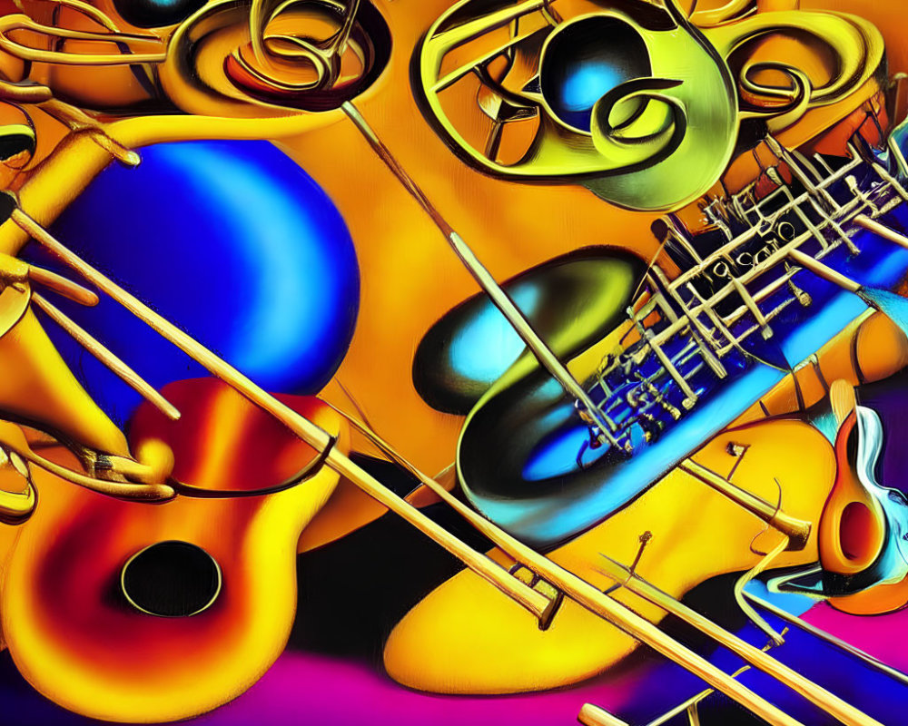 Colorful Abstract Artwork Featuring Brass Musical Instruments and Music Notes
