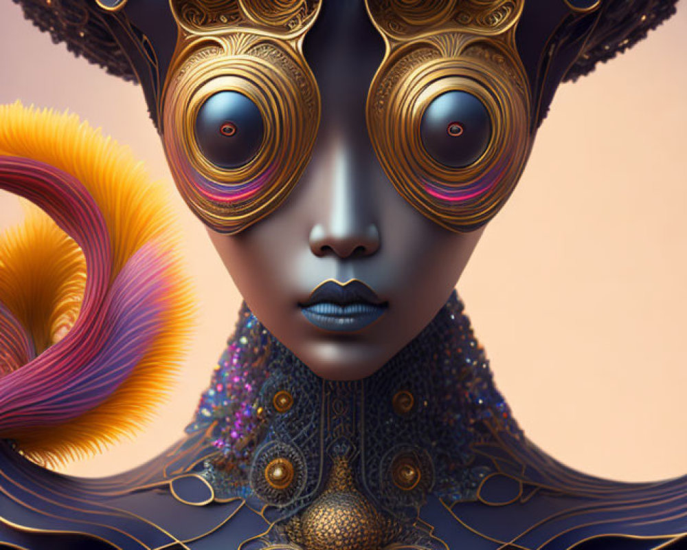 Colorful humanoid figure with exaggerated eyes and ornate headpiece in surreal baroque style