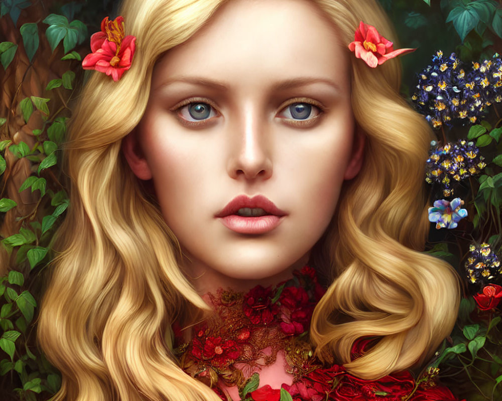 Portrait of woman with golden wavy hair, blue eyes, red flowers, lush greenery.