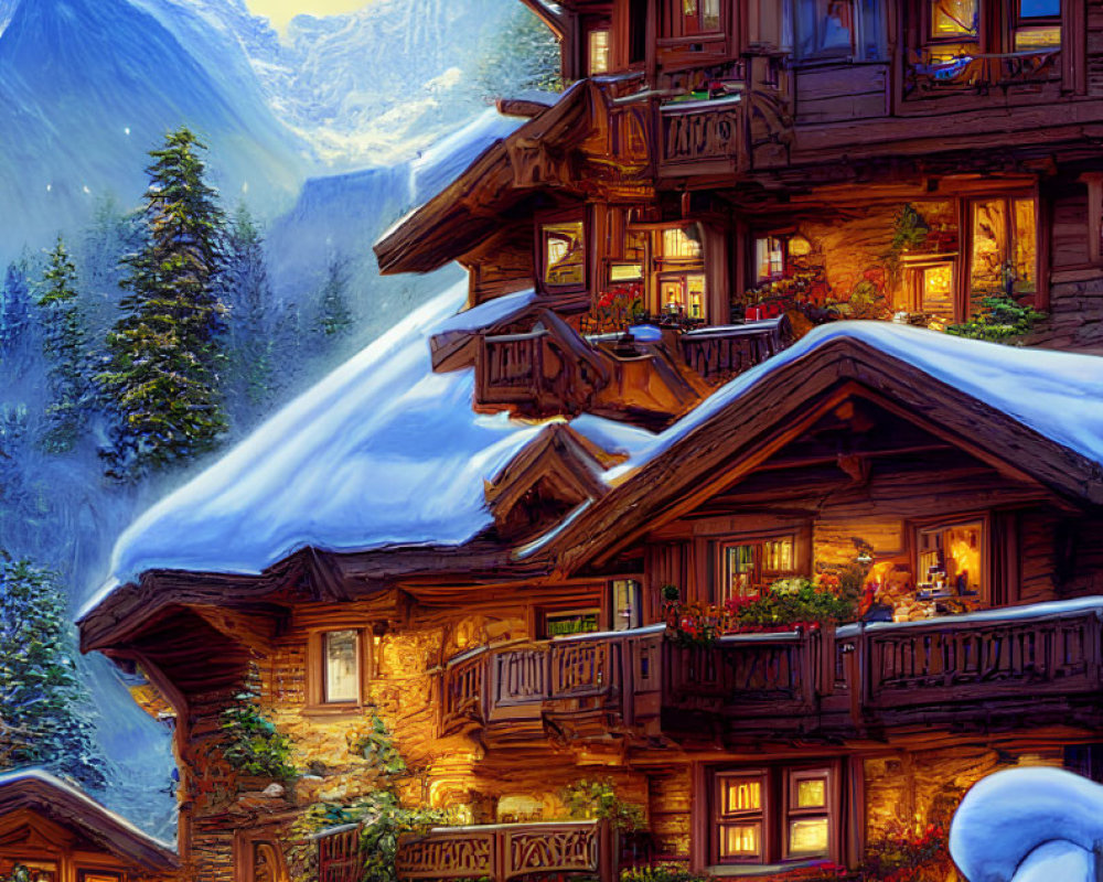Snow-covered landscape with wooden chalet and mountains at dusk
