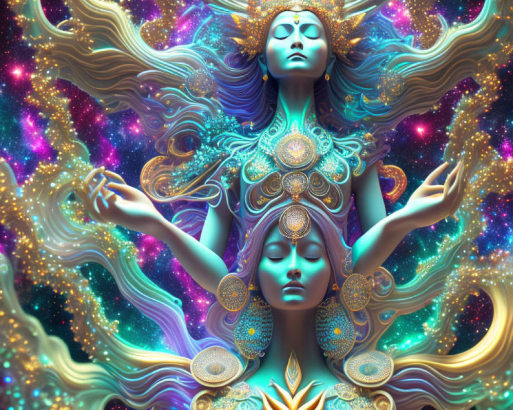 Colorful digital artwork of cosmic entity with multiple arms and celestial motifs