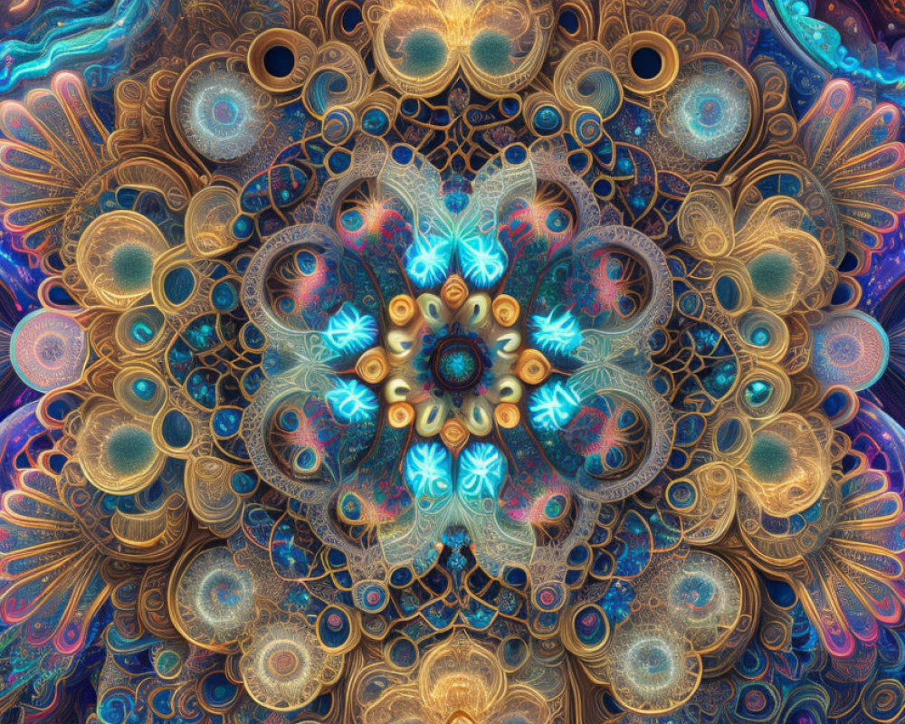 Symmetrical fractal image: Vibrant colors, complex patterns