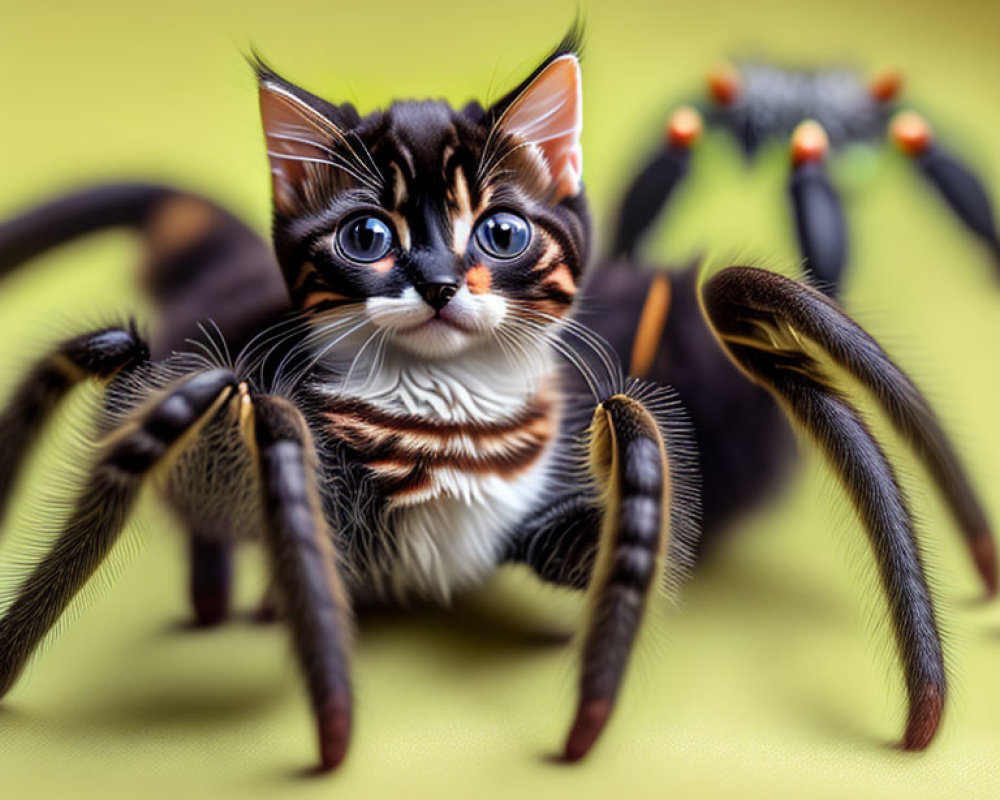 Surreal creature with spider body and kitten face on yellow background