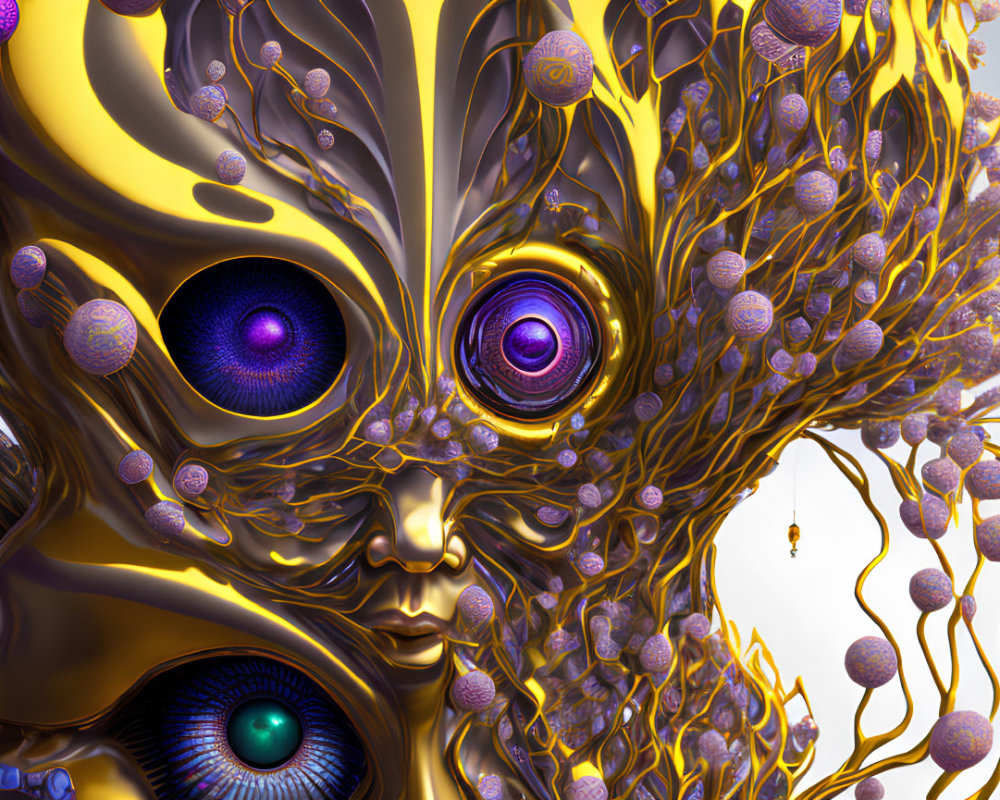 Vibrant digital artwork: surreal face with multiple eyes and fractal tree structures