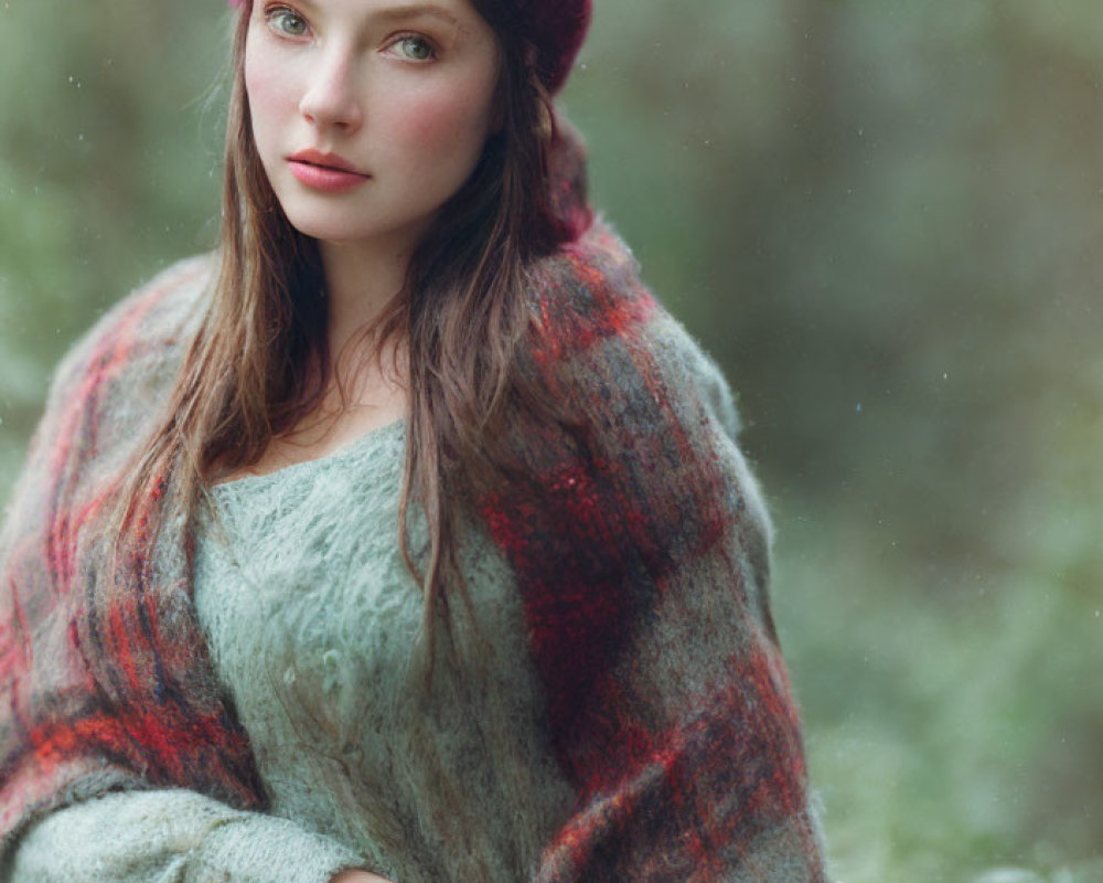 Woman in Red Beanie and Green Sweater with Checkered Shawl in Autumnal Setting