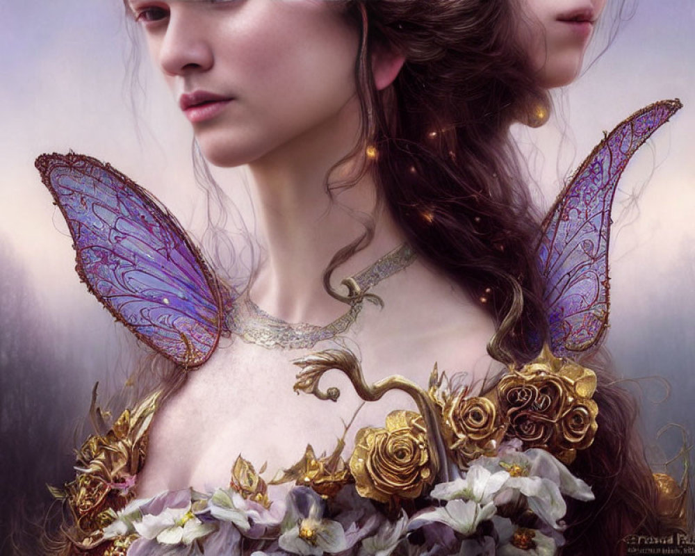 Digital artwork: Woman with ethereal appearance, golden floral jewelry, iridescent butterfly wings