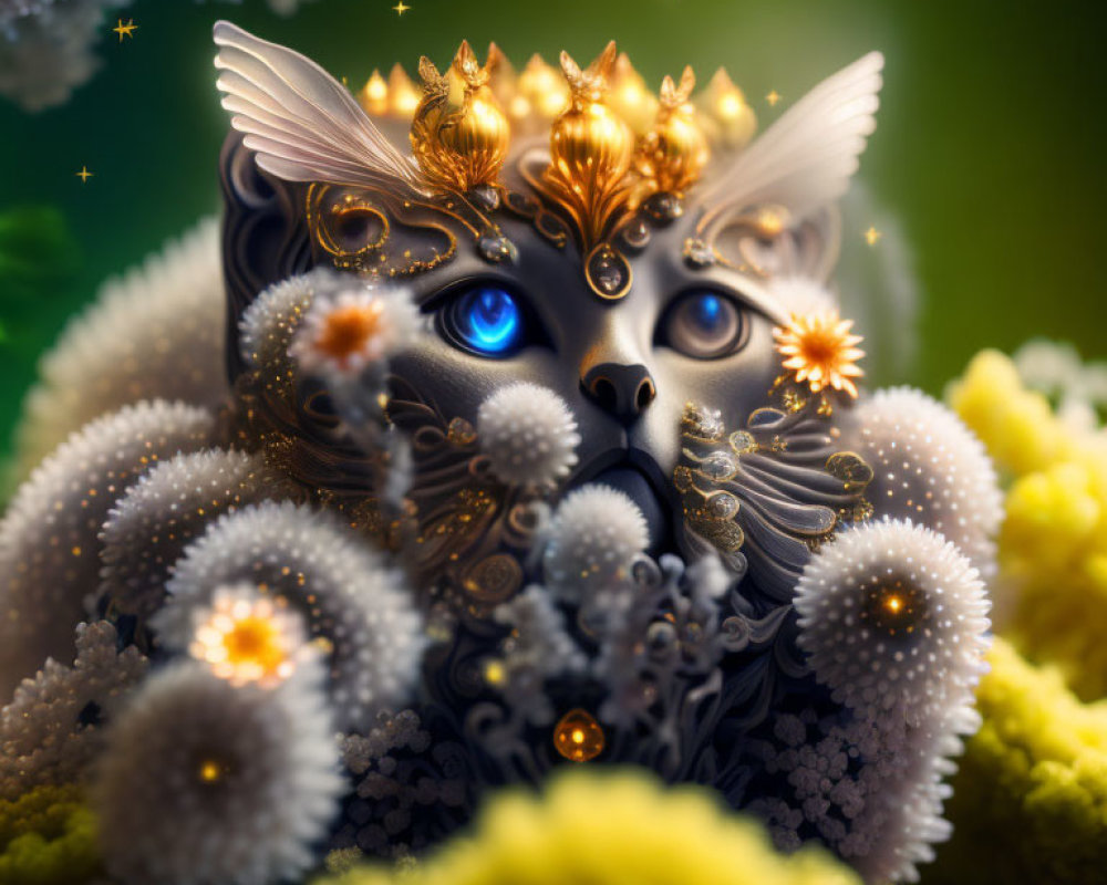 Blue-eyed mystical cat with golden headpiece among white and yellow blooms under starry sky