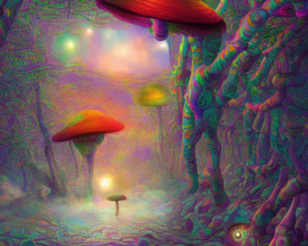 Colorful Psychedelic Forest with Oversized Mushrooms and Swirling Vortex