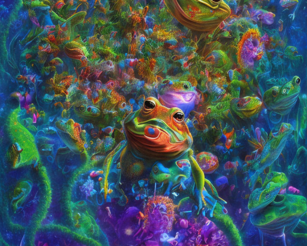 Colorful Frogs in Psychedelic Underwater Scene