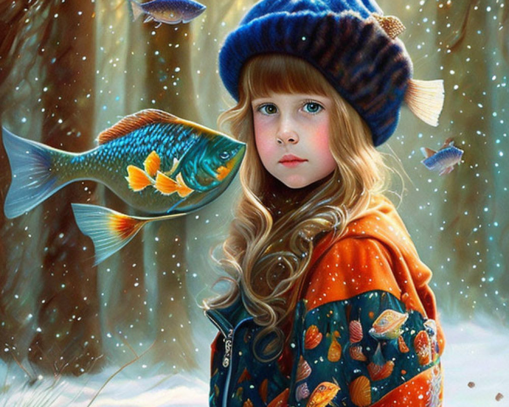 Young girl with wavy hair in blue hat in snowy forest with floating fish
