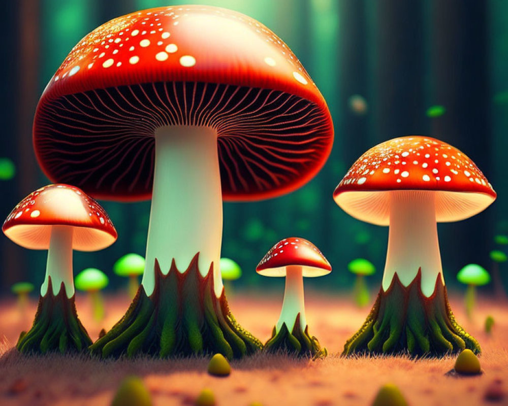 Three red-and-white spotted mushrooms in whimsical forest with green plants