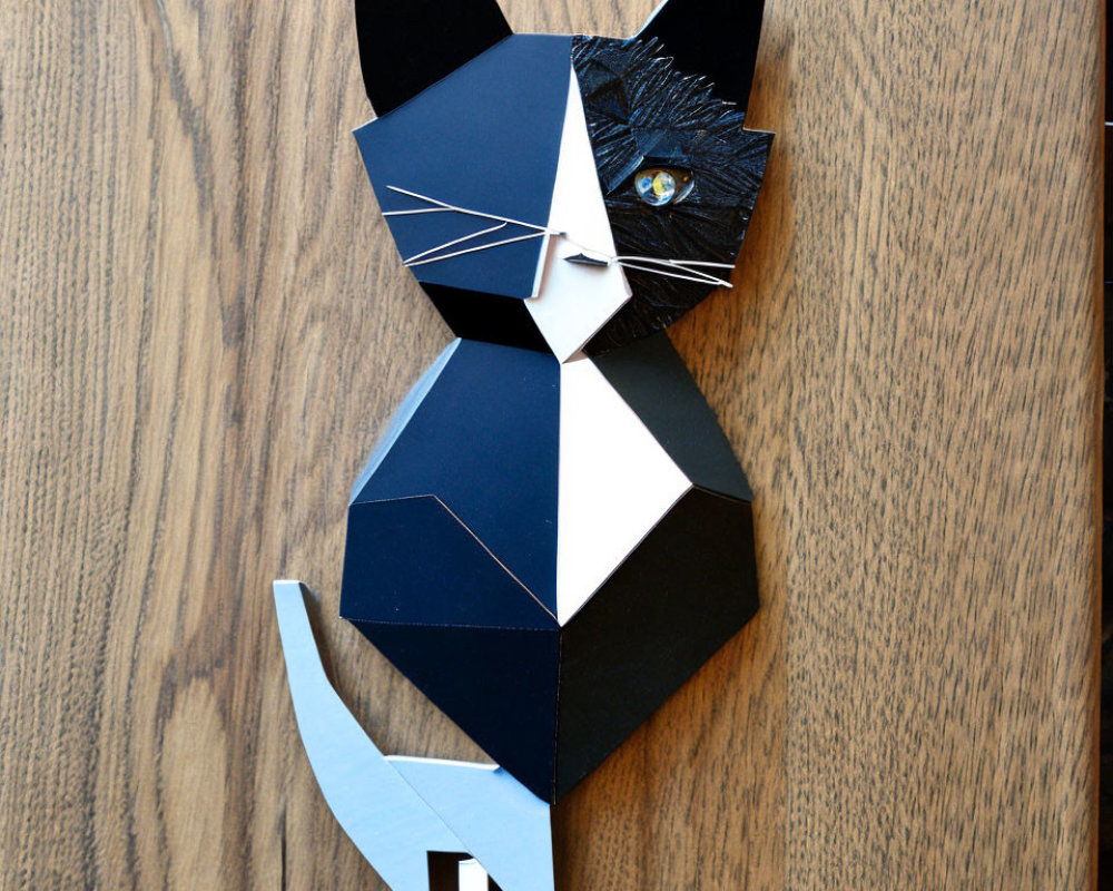 Geometric Paper Art of Two-Toned Cat with Blue and Yellow Eye on Wooden Background