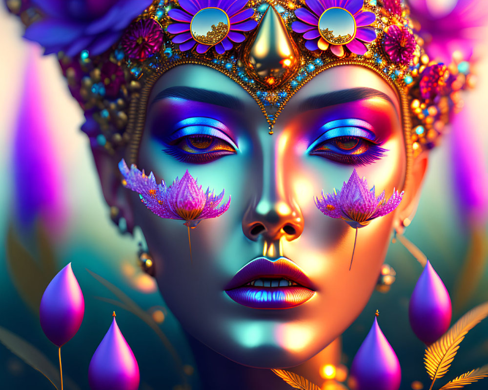 Colorful digital artwork: Woman with stylized makeup and crown on blue background