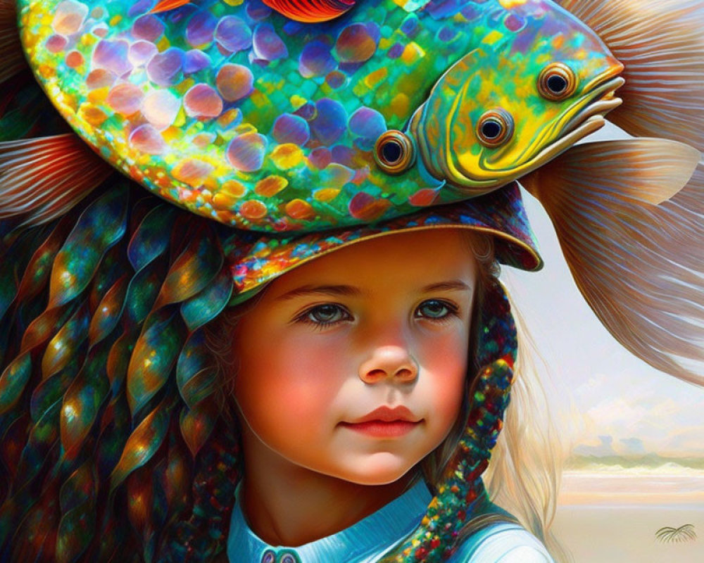 Detailed Multicolored Braided Hair with Vibrant Fish-Shaped Hat