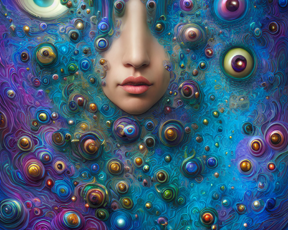 Colorful surreal portrait blending human face with swirling patterns and multiple eyes on vibrant background