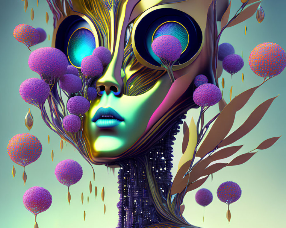 Surreal portrait of humanoid figure with metallic skin and vibrant blue eyes