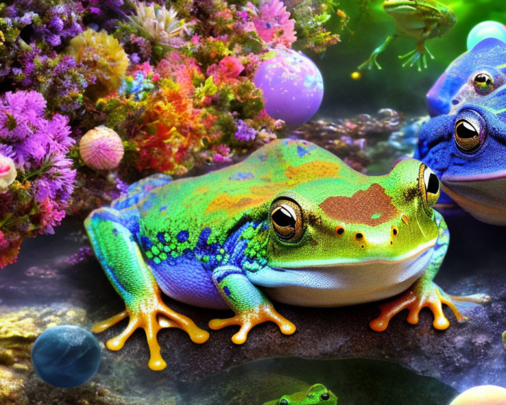Vibrant plants and colorful frogs in whimsical setting