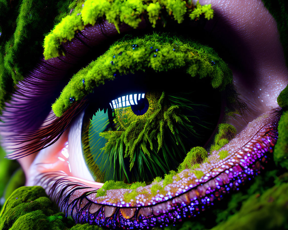 Detailed Close-Up of Vibrant Green Eye with Moss-Like Textures