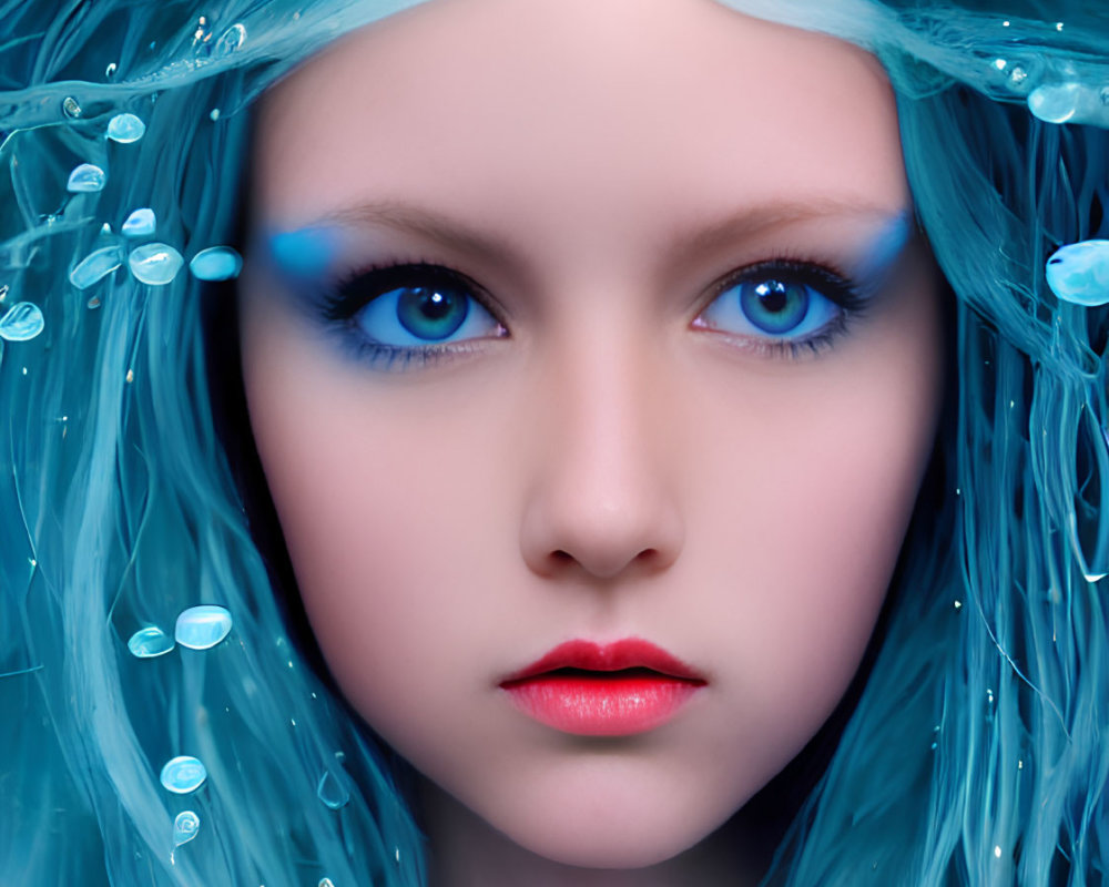 Close-up portrait of person with blue hair resembling underwater flora, adorned with water droplets and vibrant makeup