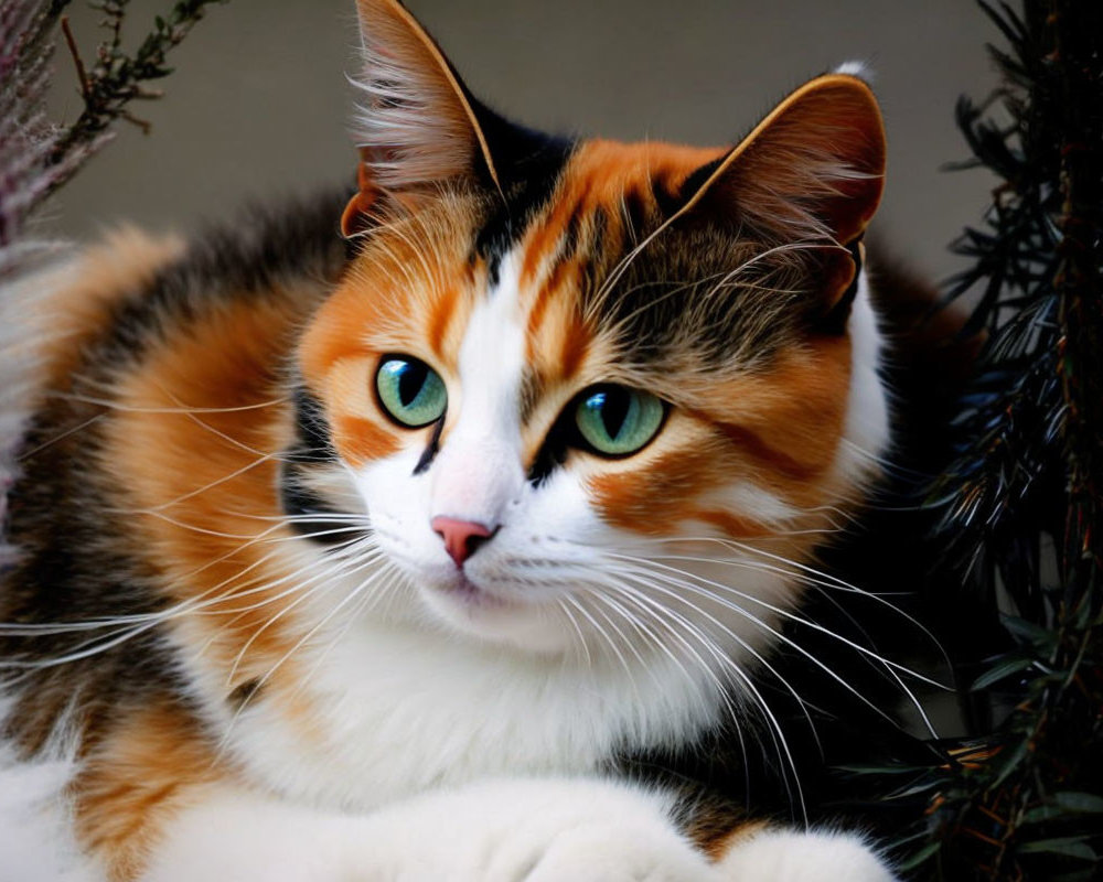 Calico Cat with Green Eyes Surrounded by Dark Green Foliage