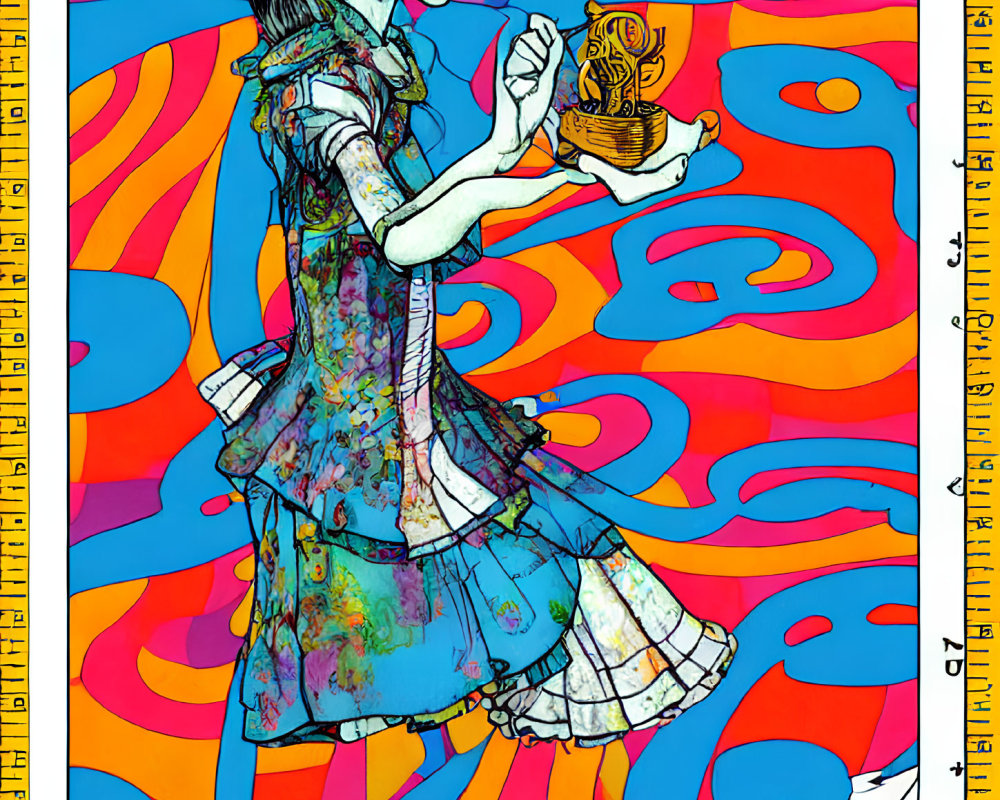 Vibrant woman in patterned dress with whimsical creature on colorful background