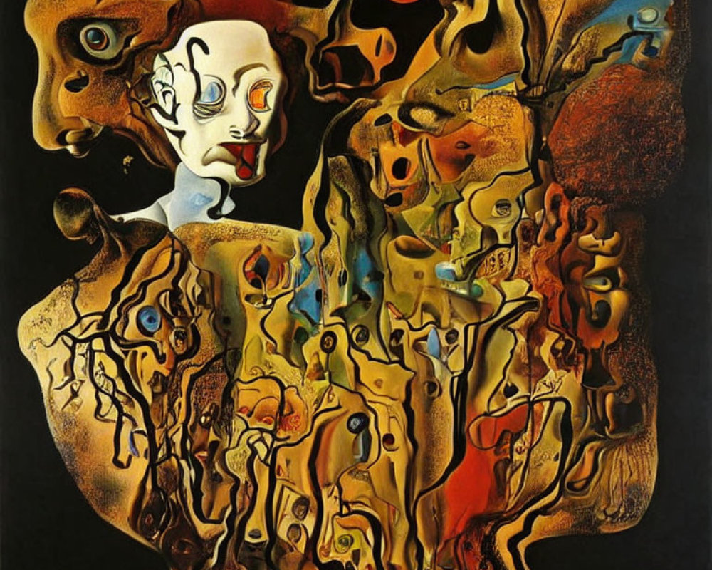 Abstract painting: Distorted faces in browns and yellows, whimsical surreal composition
