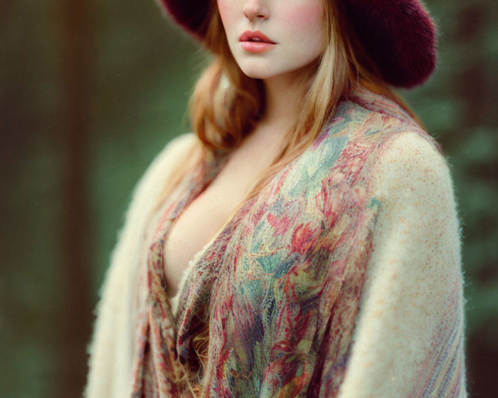 Red-haired woman in purple hat standing in forest with floral shawl gazes at camera