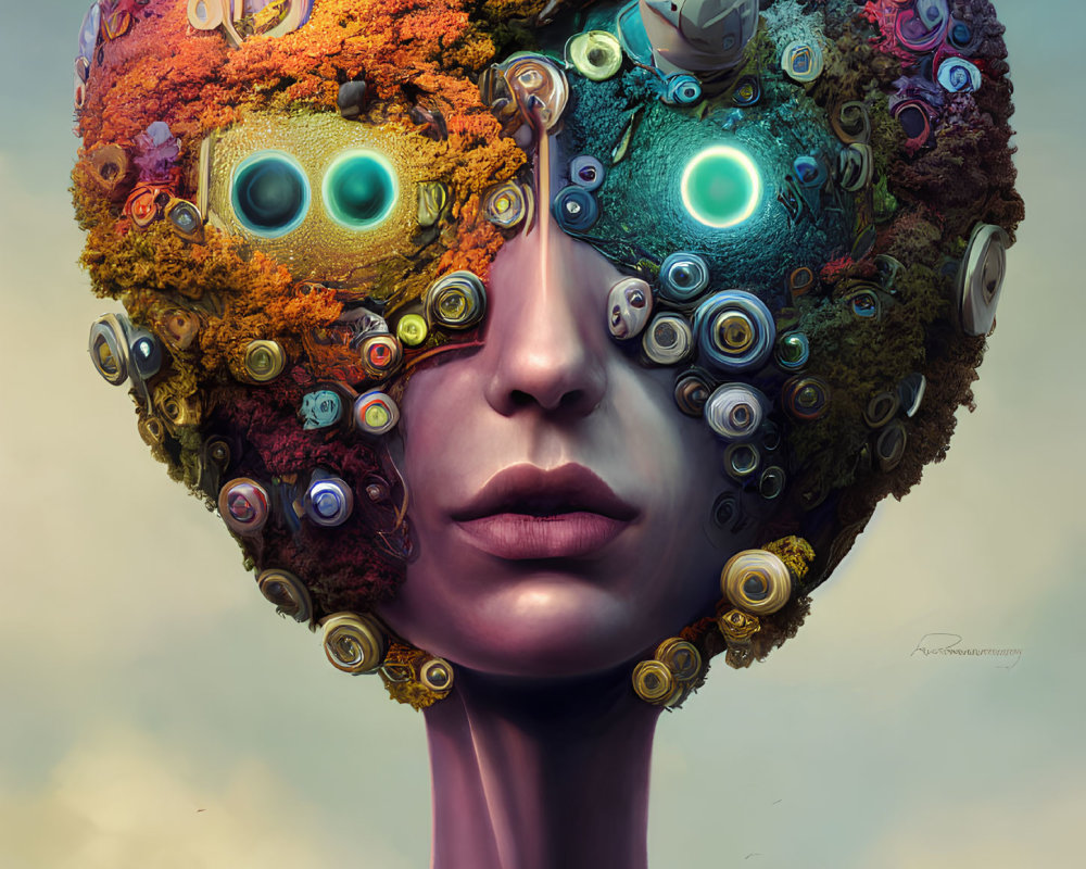 Colorful surreal portrait with intricate mechanical and organic head structure.