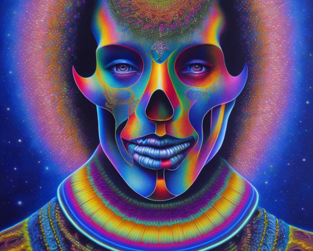 Colorful psychedelic portrait with cosmic and mandala patterns