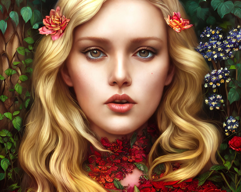 Blonde woman portrait with red flowers and greenery