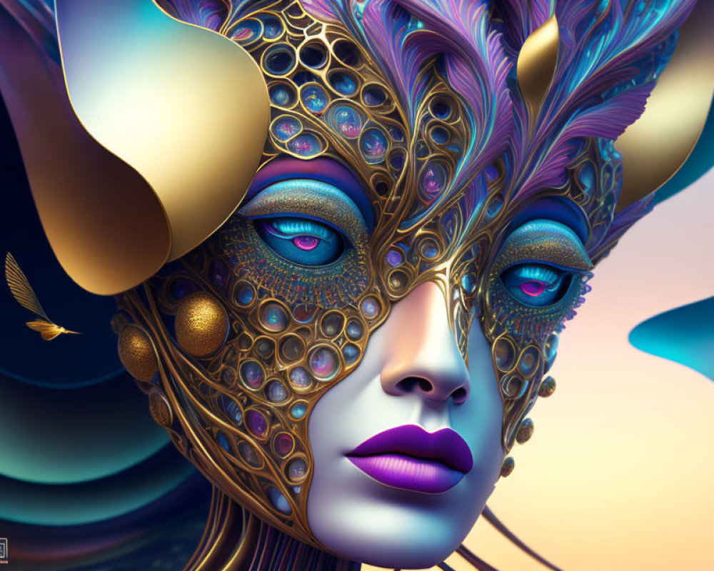 Digital art: Woman with ornate mask, golden patterns, blue eyes, feathers