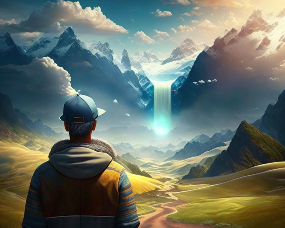 Person in jacket and cap in surreal landscape with mountains, waterfall, and vibrant sky.