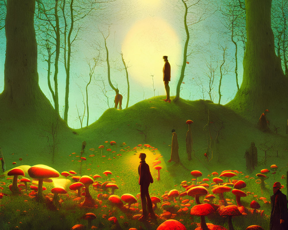 Enchanting sunset forest with oversized red mushrooms and silhouetted figures