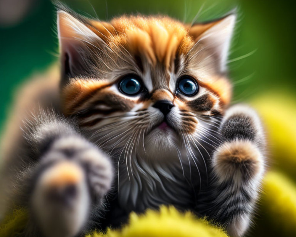 Fluffy Kitten with Blue Eyes and Whiskers on Yellow Surface