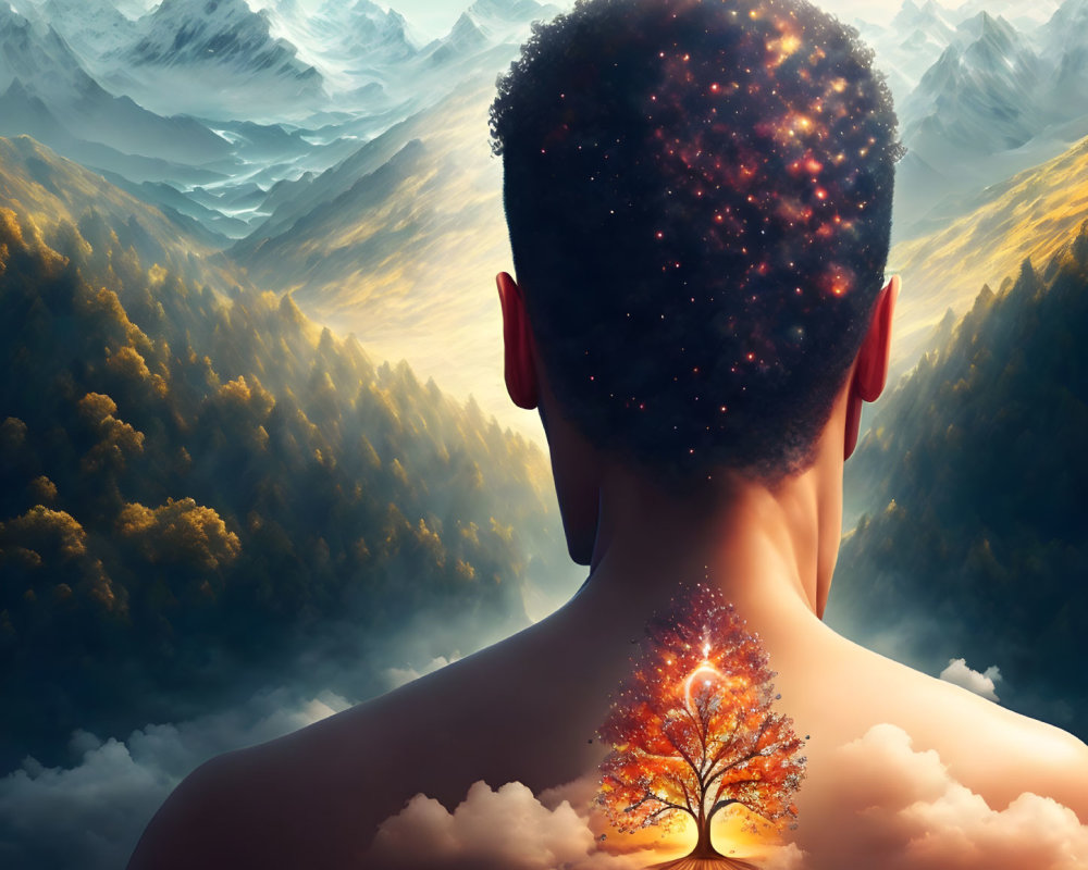 Person with cosmic pattern in head silhouette overlooking surreal landscape with mountains, clouds, and vibrant tree.