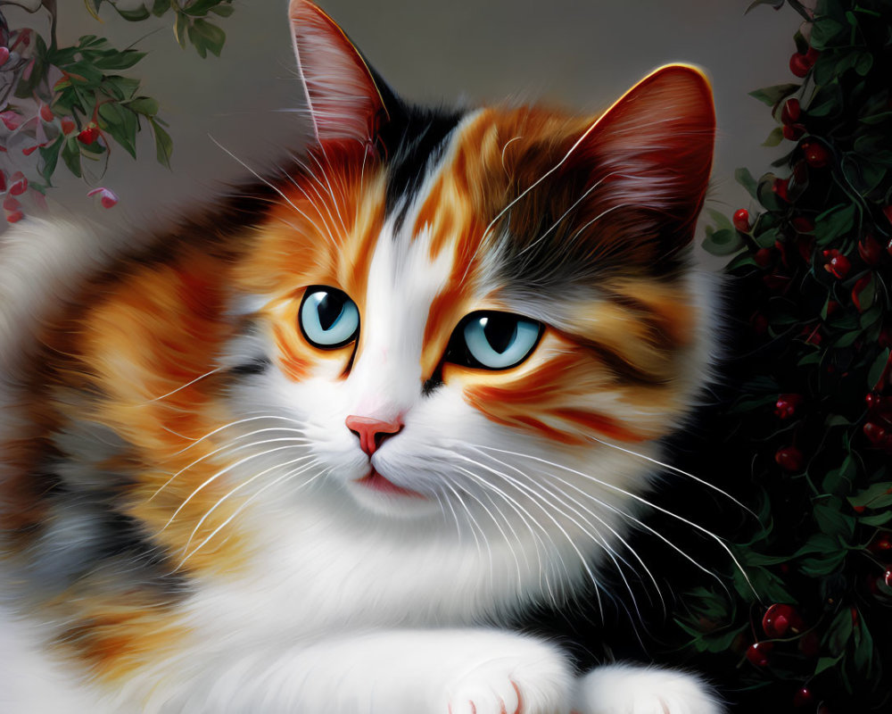 Colorful Tricolor Cat with Blue Eyes in Foliage with Red Berries