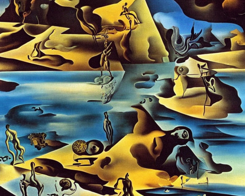 Surrealist landscape with distorted figures and melting objects