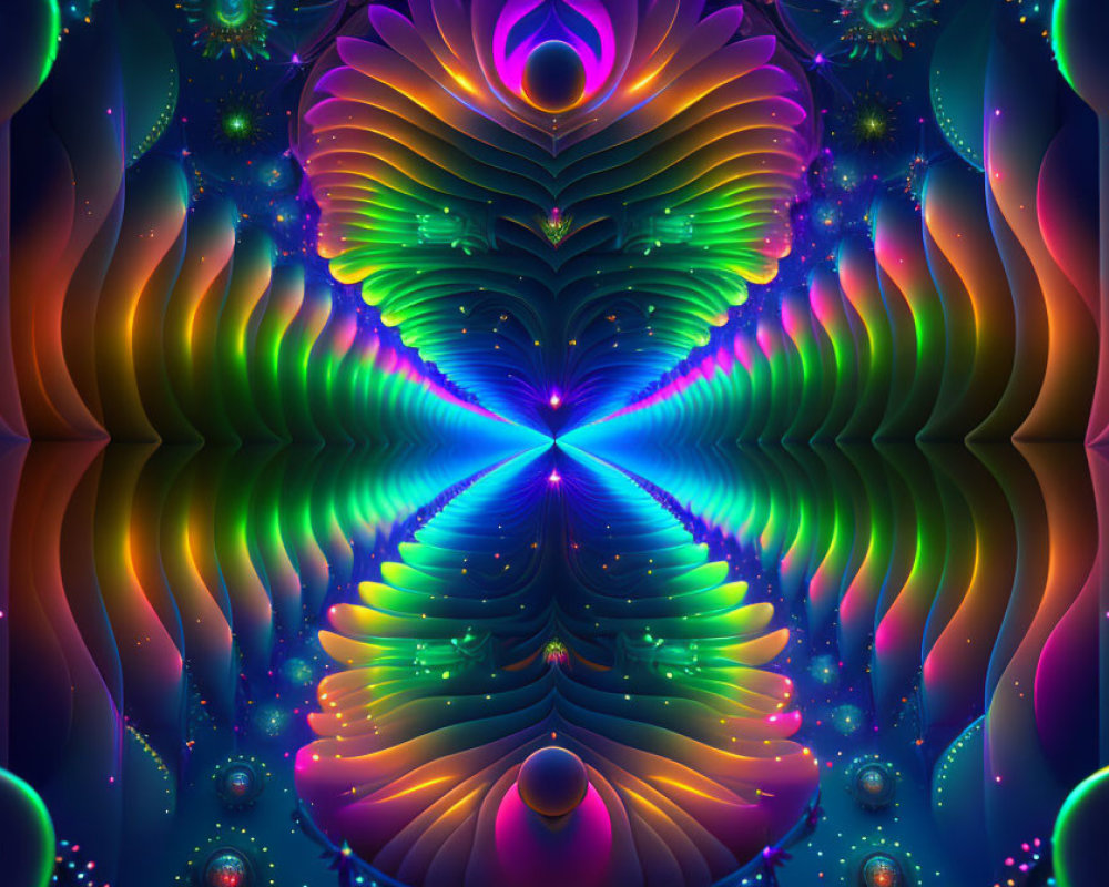 Symmetrical fractal image with neon lights and glowing orbs