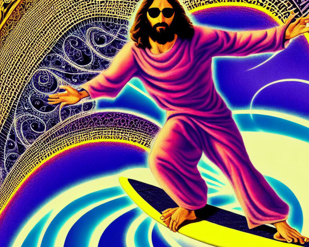 Psychedelic illustration of man surfing colorful wave