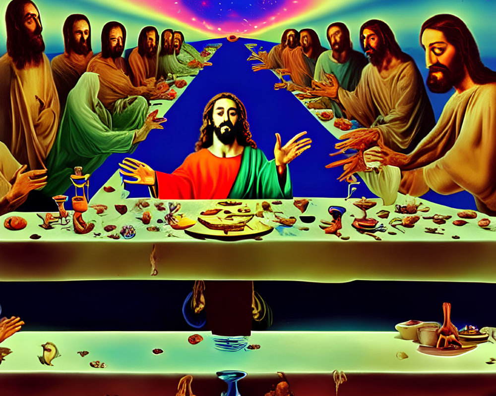 Symmetrical Last Supper Digital Art with Cosmic Background