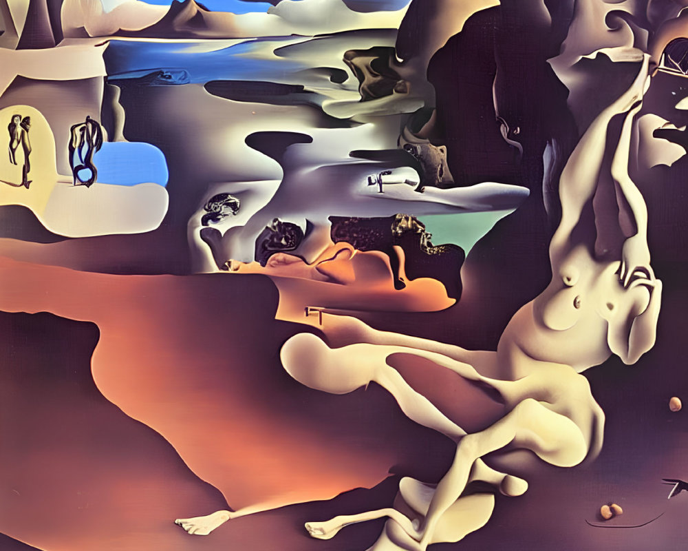 Abstract surreal landscape with melting shapes and distorted perspectives in warm tones