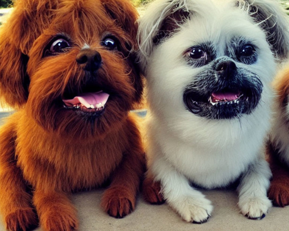 Two Cartoonish Small Fluffy Dogs Sitting Together