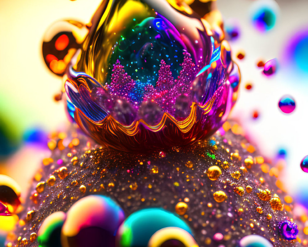 Vibrant Macro Shot of Colorful Water Droplets on Glittering Surface