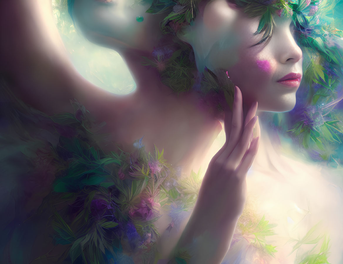 Ethereal portrait of woman with luminescent flowers in soft focus