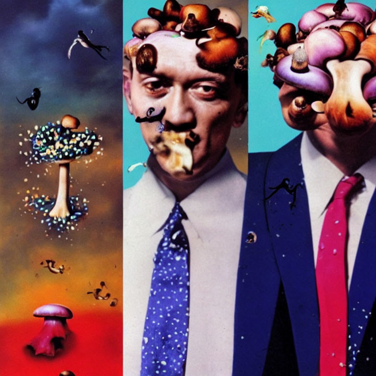 Surreal triptych art: mushroom clouds, distorted faces, and obscured figures