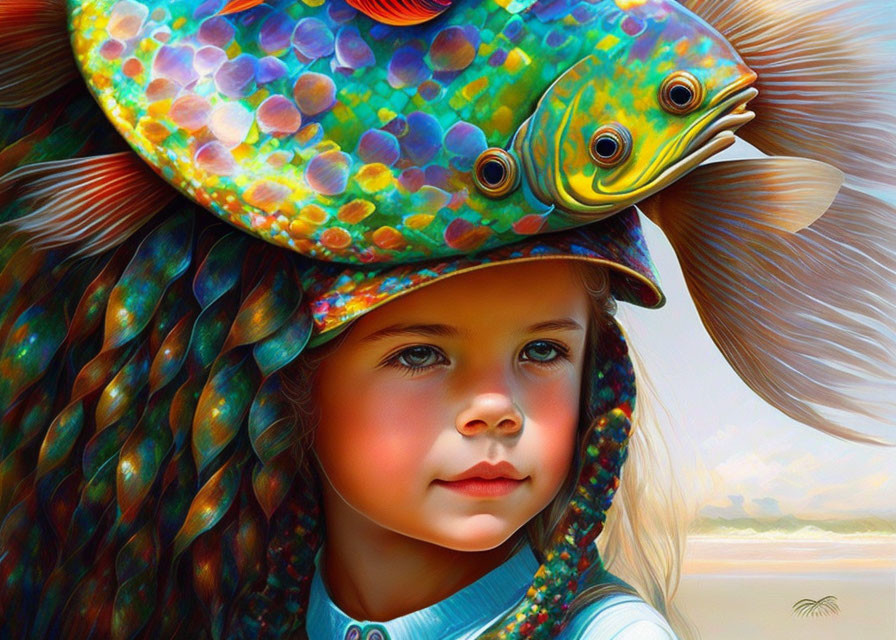 Detailed Multicolored Braided Hair with Vibrant Fish-Shaped Hat